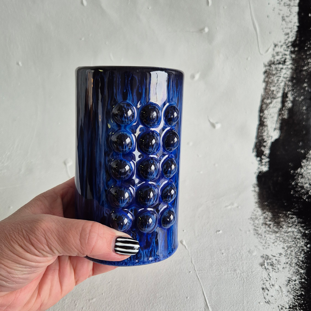 vintage VAS cylinder med blå glasyr, JIE keramik, h 13 cm - 5