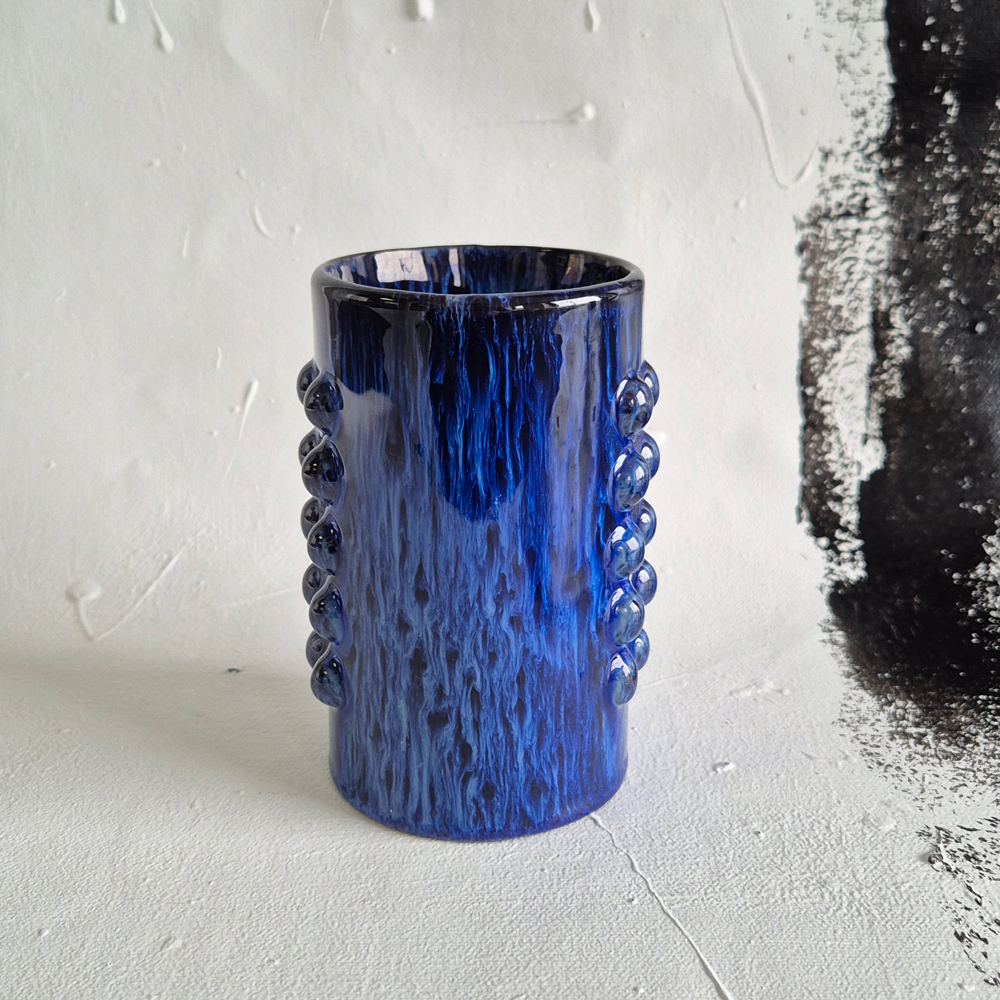 vintage VAS cylinder med blå glasyr, JIE keramik, h 13 cm - 3