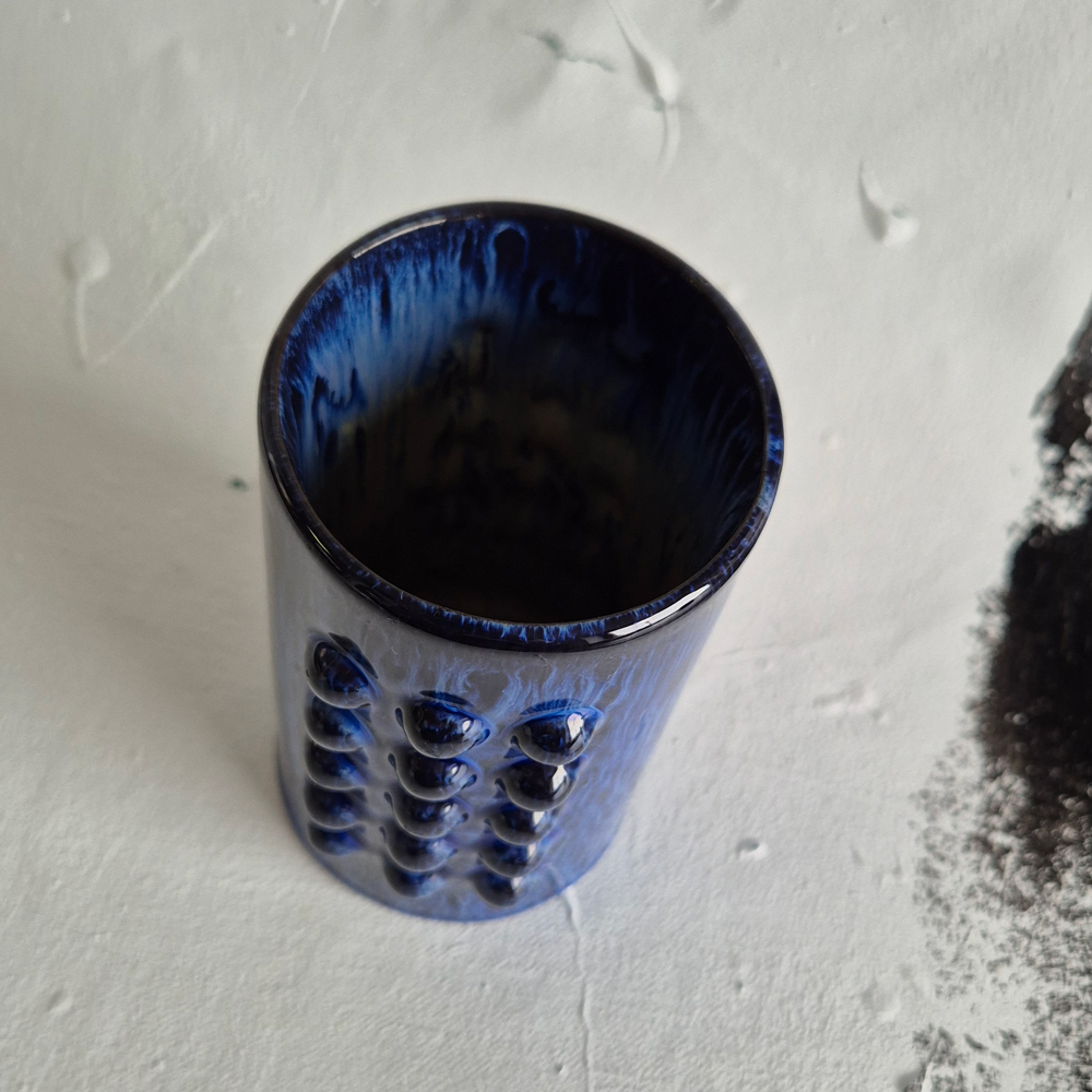 vintage VAS cylinder med blå glasyr, JIE keramik, h 13 cm - 2