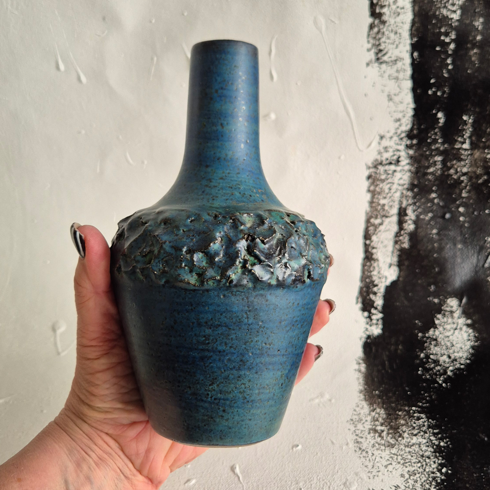 vintage VAS blågrön glasyr, Röinge keramik, h 19,5cm - 4