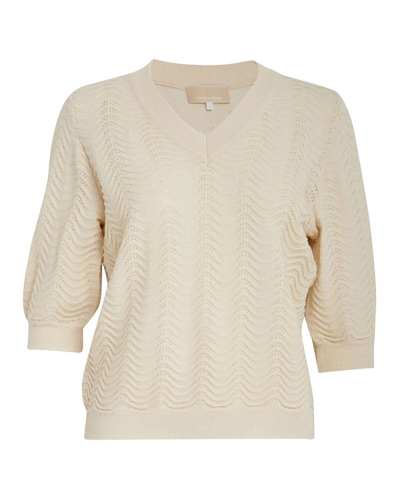 Jumper Ruthia v-ringad mönsterstickad ljusbeige
