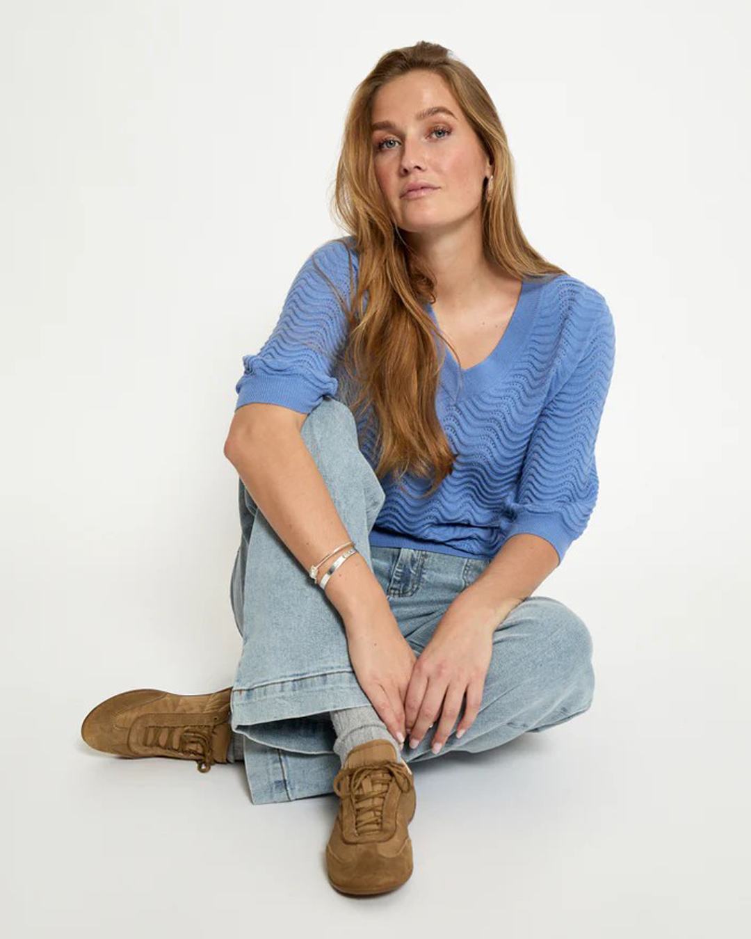 Jumper Ruthia v-ringad mönsterstickad himmelsblå - 5