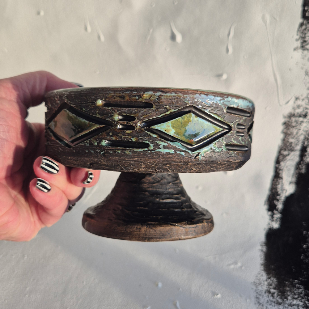 vintage SKÅL på fot, grov glasyr, Tilgmans keramik,  h 9 cm - 6