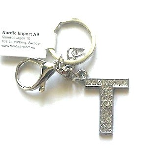 Nyckelring strass silver T  6-pack