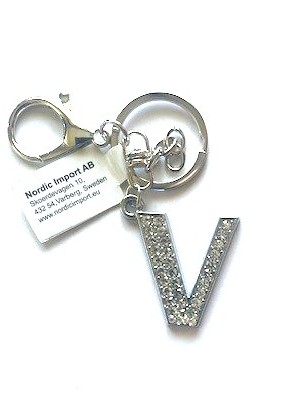 Nyckelring strass silver V  6-pack