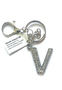 Nyckelring strass silver V  6-pack