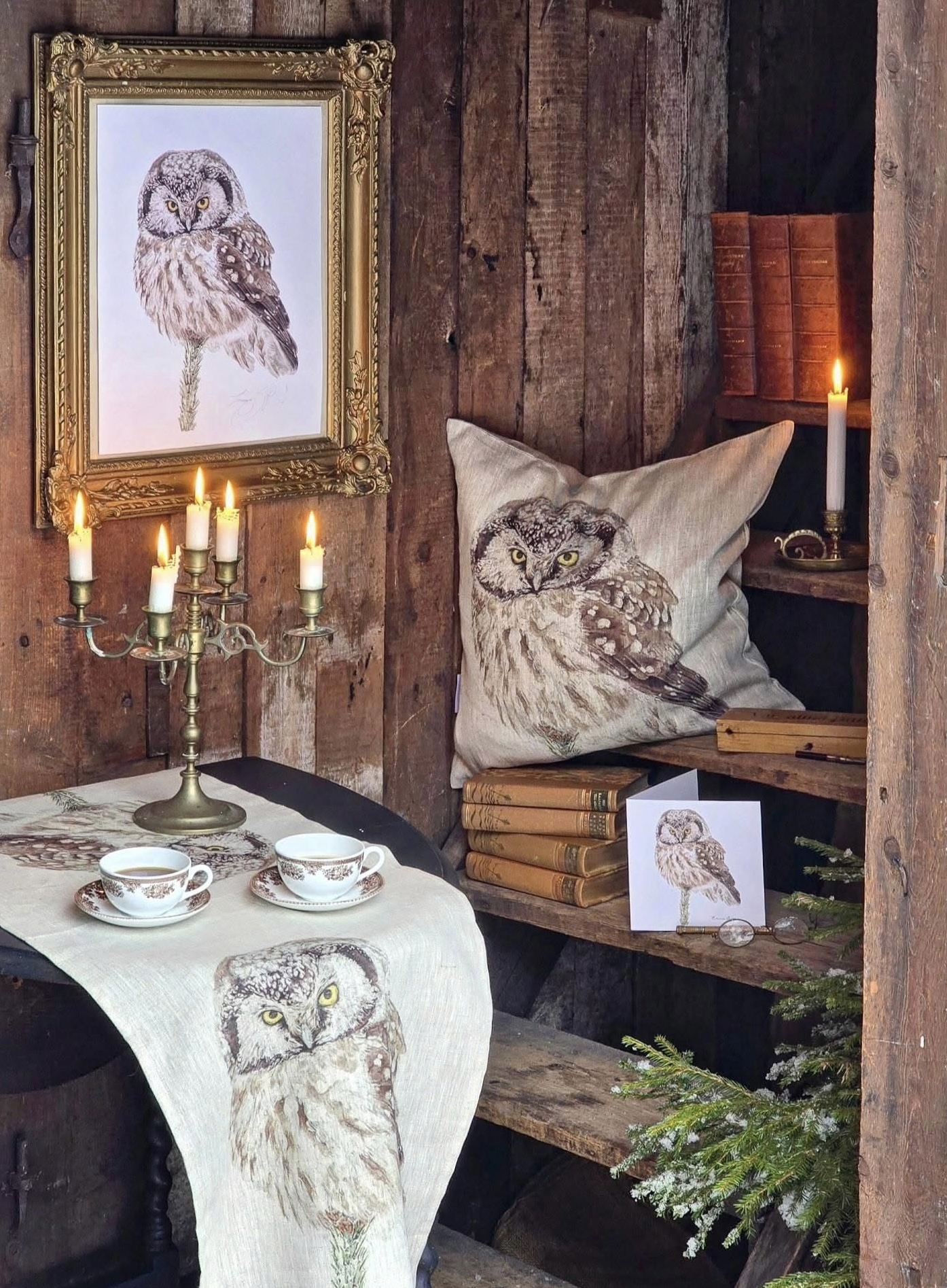 "SET" OWL - ART PRINTS & CARD, CUSHION & RUNNER   - 7