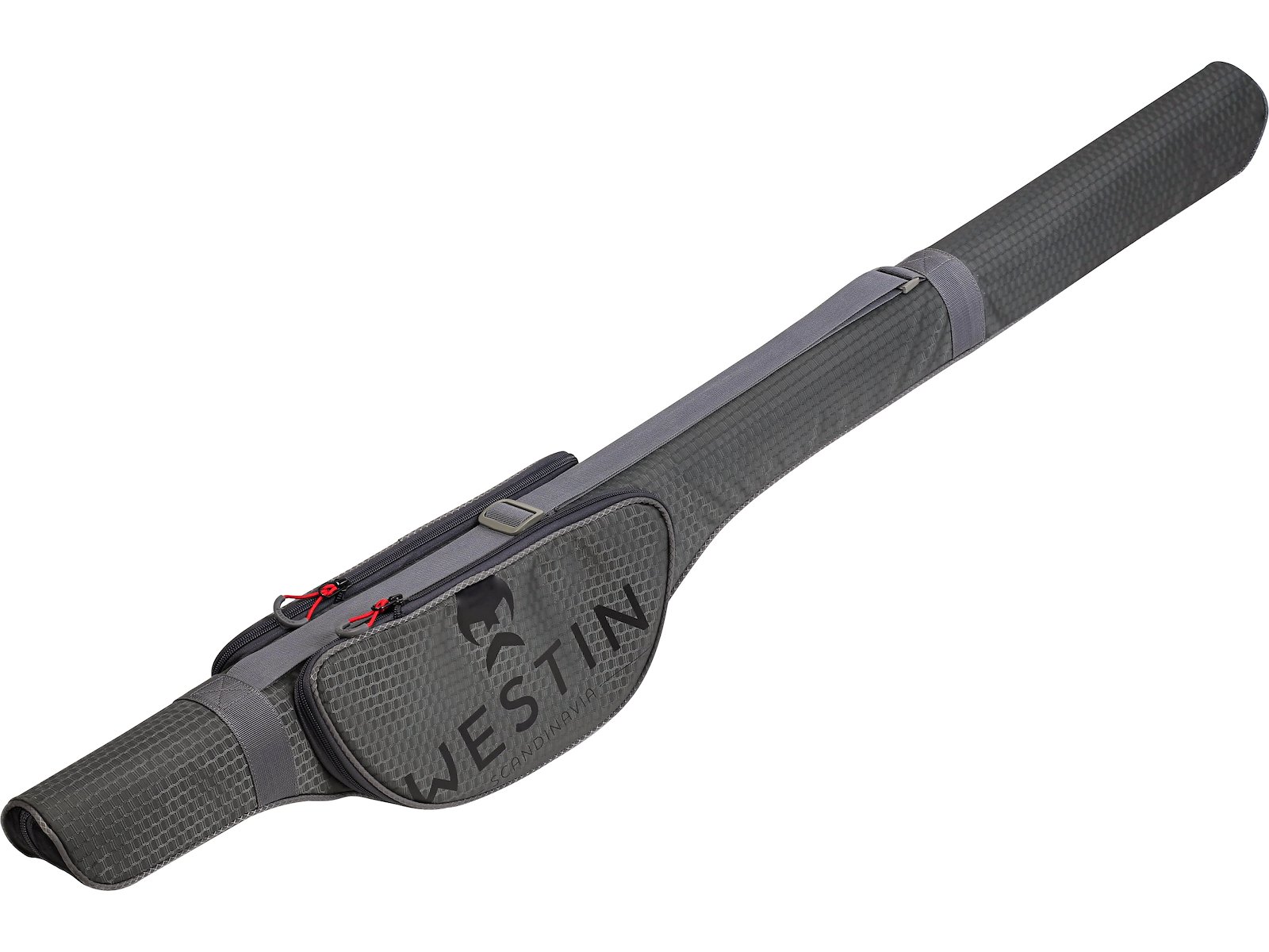 semi hard rod case from westin that holds 2 tackle rods. equipped with an extra pocket for bait box