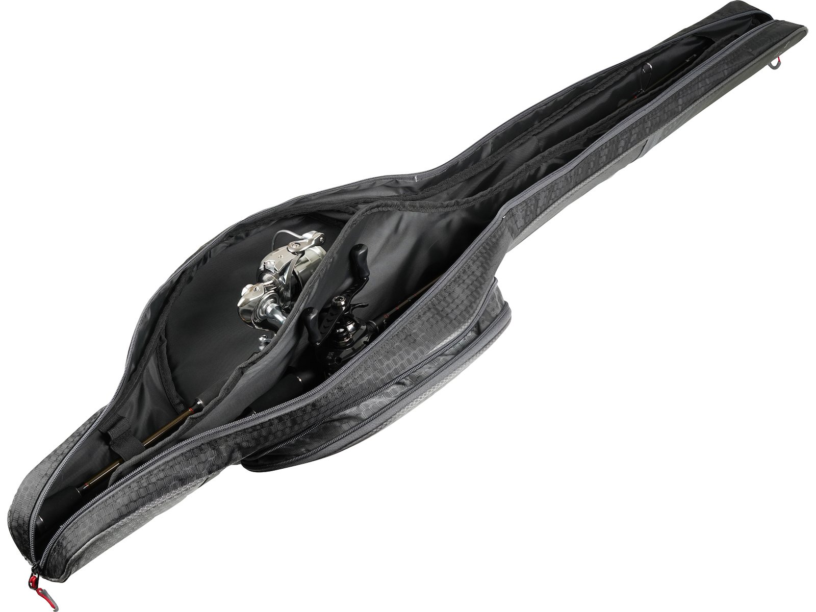 Semi-hard rod case from westin that holds 2 stacked fishing rods. equipped with a wall that separates the rods