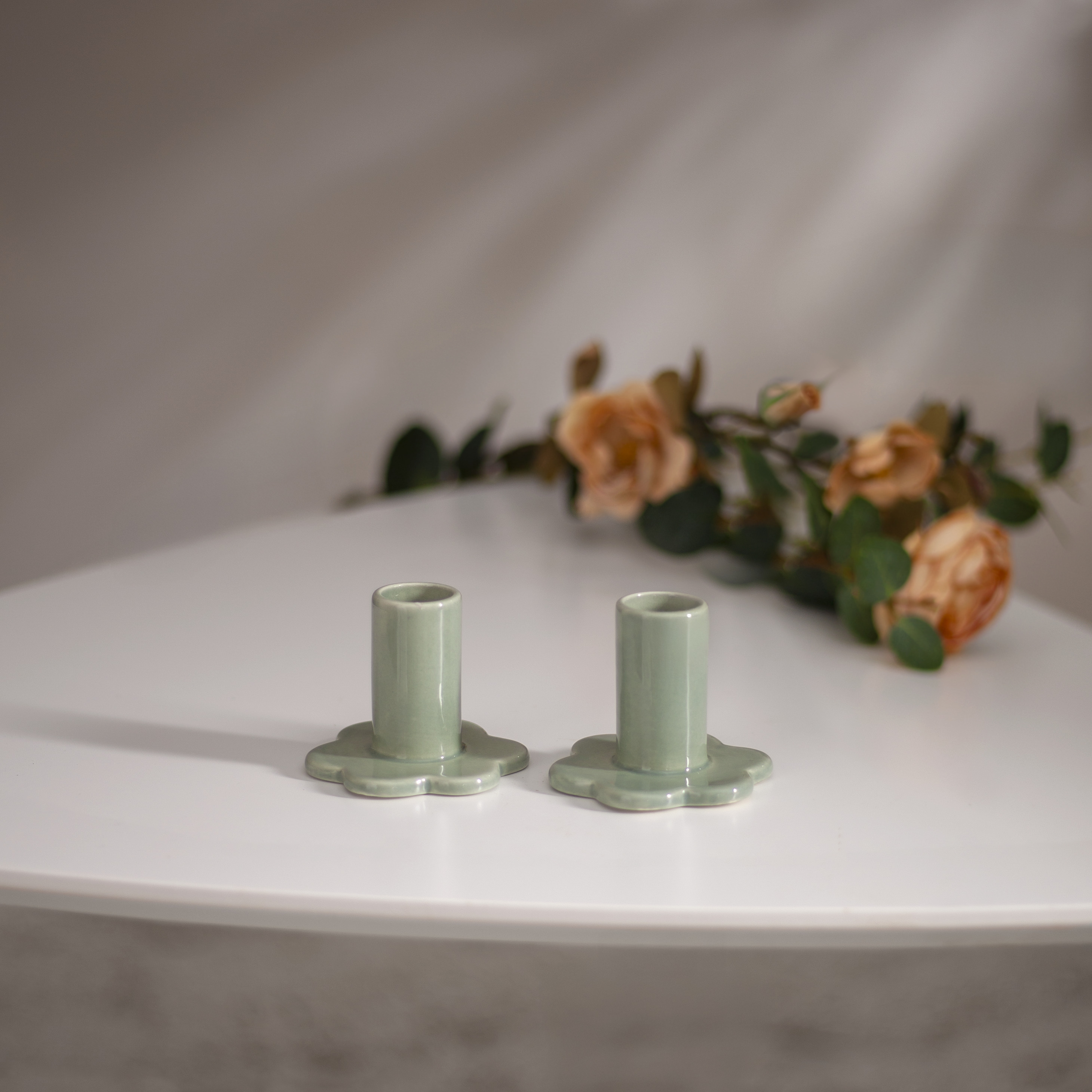 Ljushållare - Ljusstake - Grön - 2-pack Blomma - 2