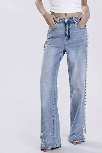 Qnuz - Jeans With Ribbon & Pearls Light Denim