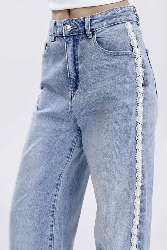Qnuz - Jeans With Ribbon & Pearls Light Denim - 3