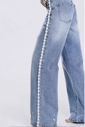 Qnuz - Jeans With Ribbon & Pearls Light Denim