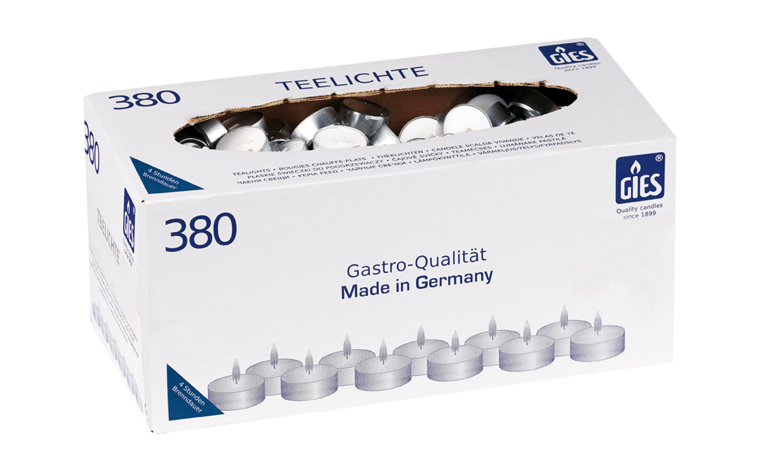 Gies Teelichte Weiß – 380er Karton | Ø 38 mm