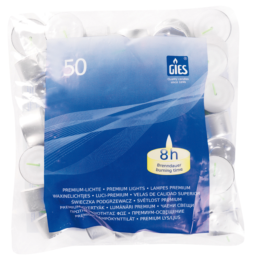 Gies Premium-Lichte Weiß – 50er Beutel | Ø 38 mm | 8 Stunden Brenndauer