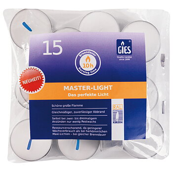 Gies Master-Lights Weiß – 15er Beutel | Ø 48 mm | 10 Stunden Brenndauer