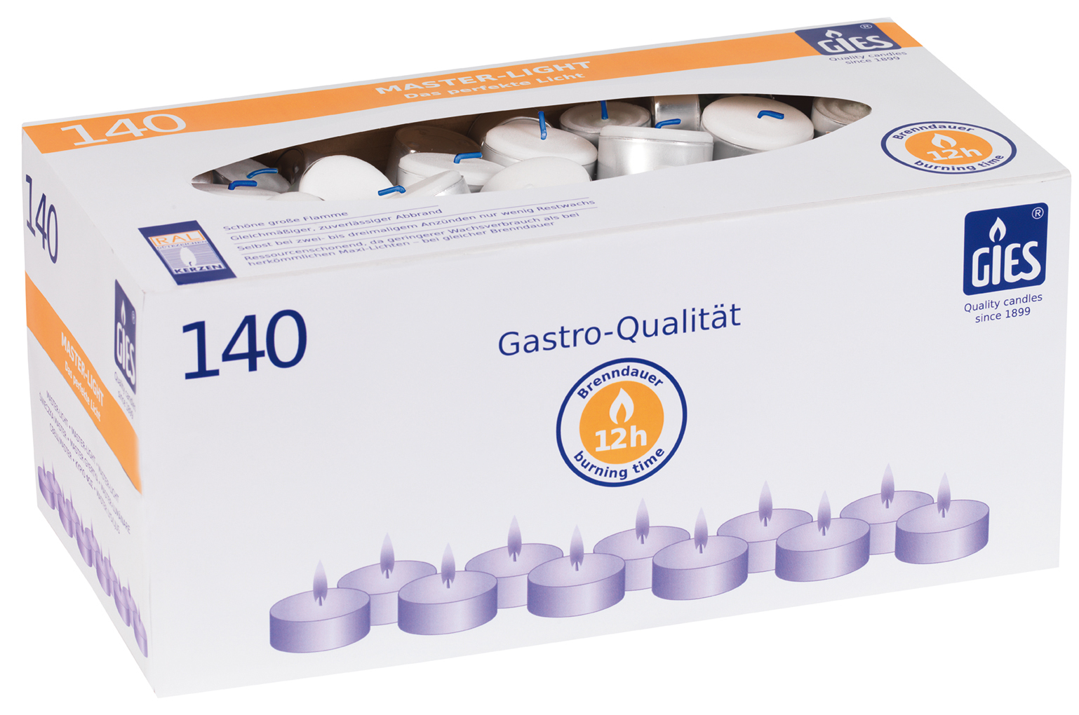 Gies Master-Lights Weiß – 140er Karton | Ø 48 mm | 12 Stunden Brenndauer