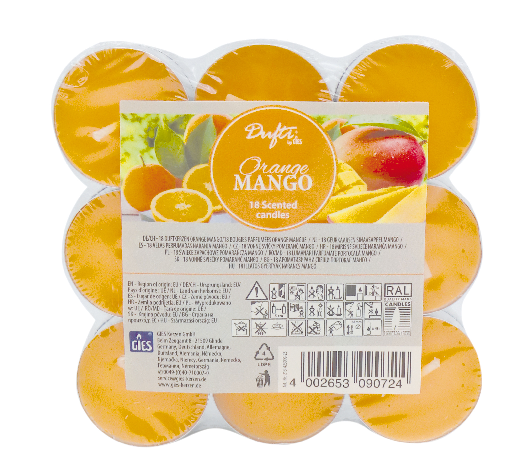 Dufti by Gies Duftlichte Orange Mango – 18er Flatpack | Ø 38 mm