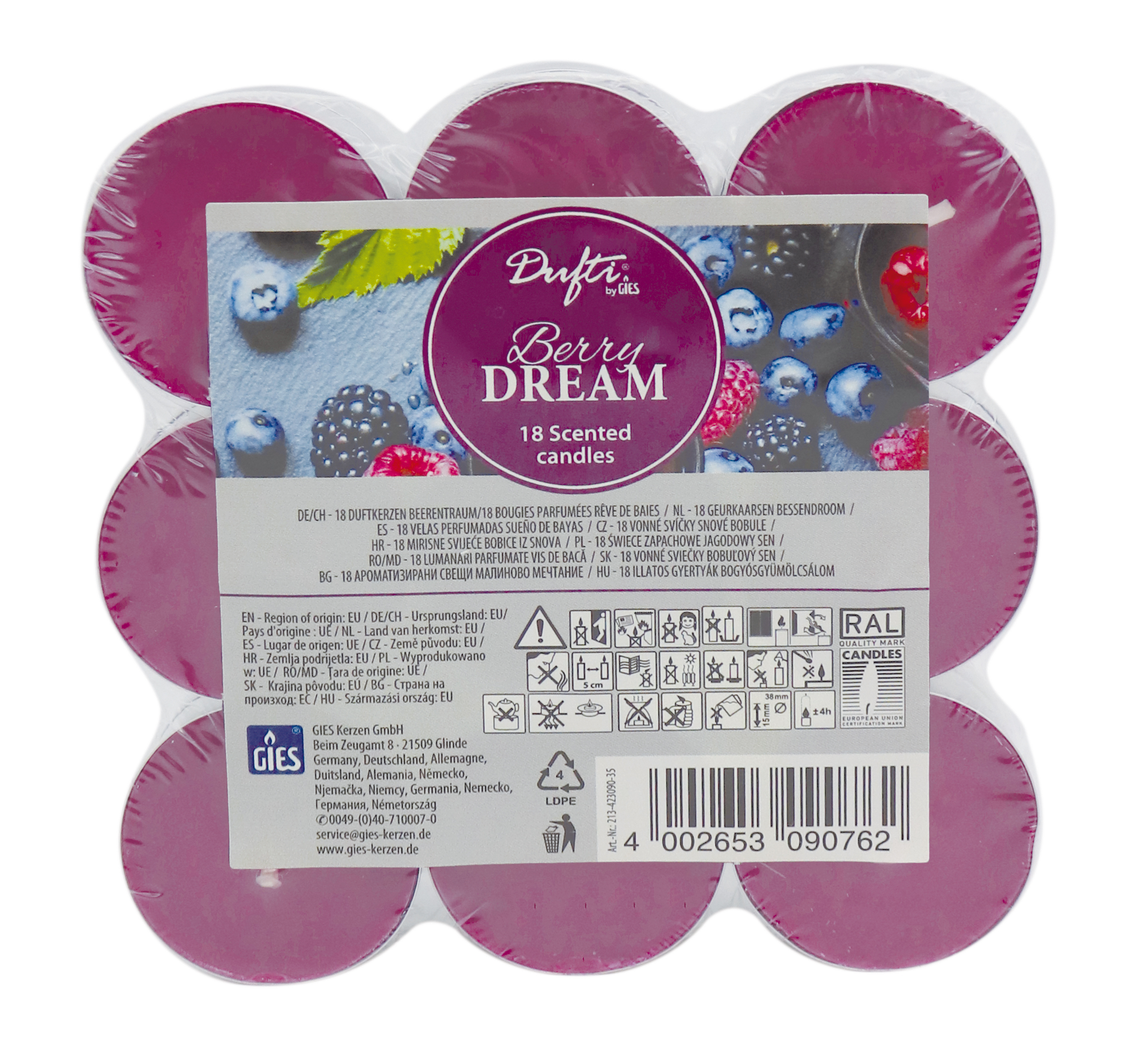 Dufti by Gies Duftlichte Berry Dream – 18er Flatpack | Ø 38 mm