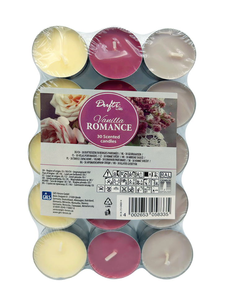 Dufti by Gies Duftlichte Vanilla Romance – 30er Flatpack | Ø 38 mm | 4 Stunden Brenndauer