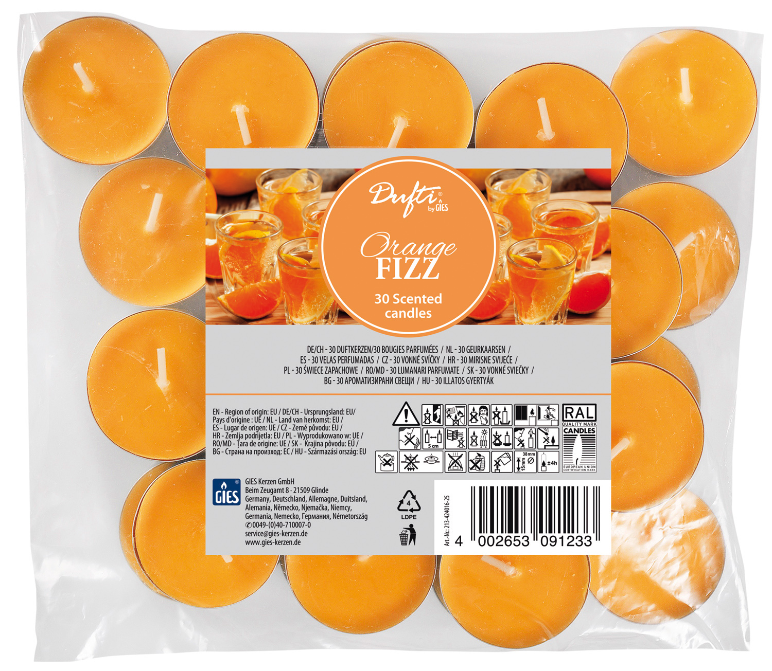 Dufti by Gies Duftlichte Orange Fizz – 30er Beutel | Ø 38 mm | 4 Stunden Brenndauer