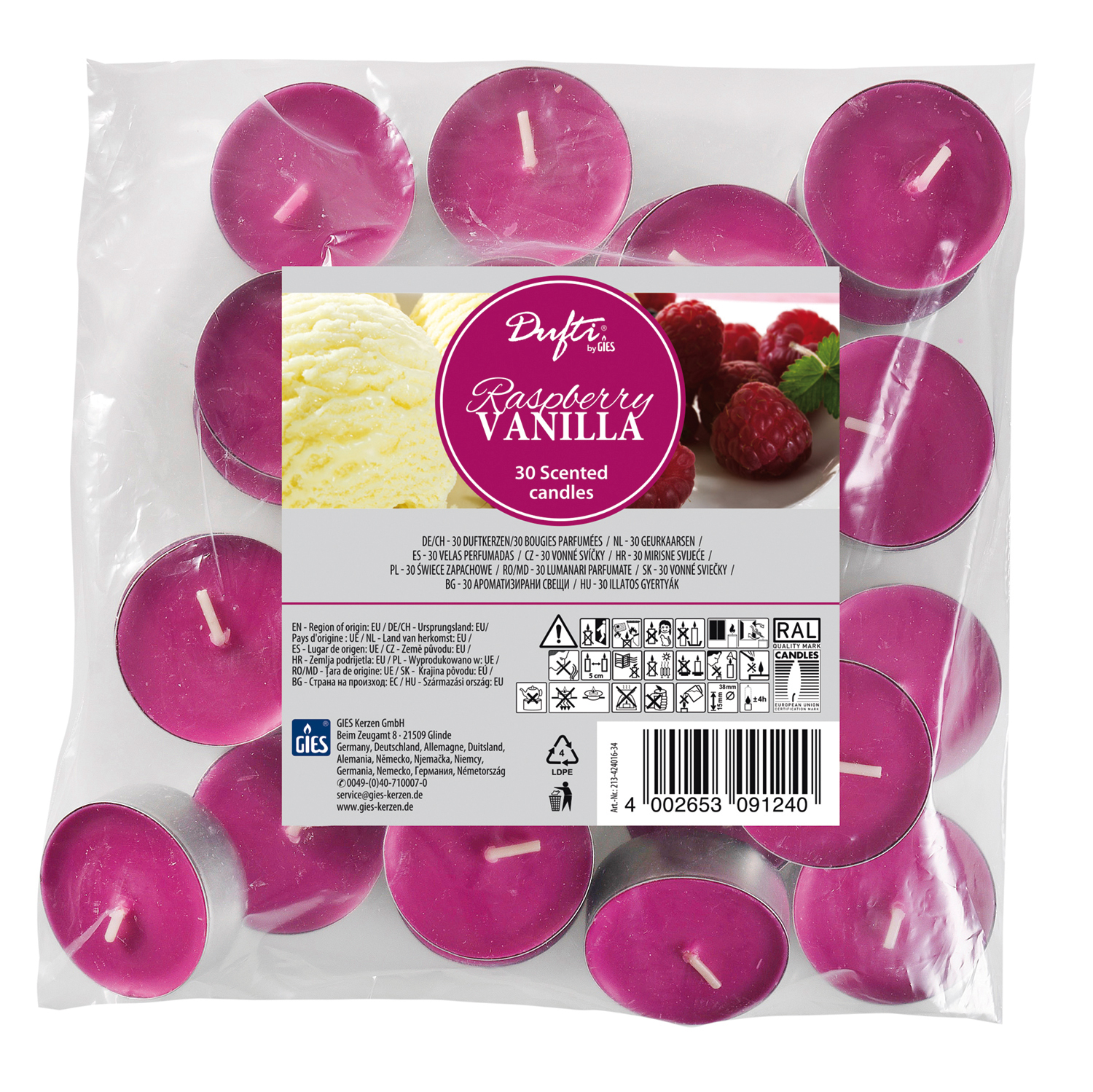 Dufti by Gies Duftlichte Raspberry Vanilla – 30er Beutel | Ø 38 mm | 4 Stunden Brenndauer