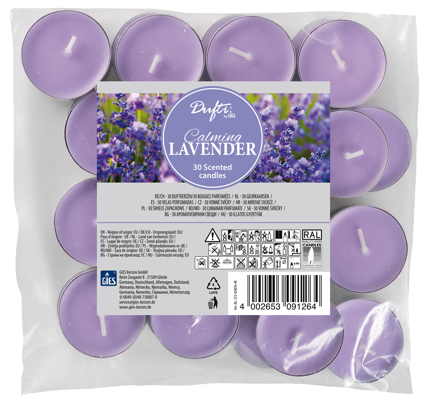 Dufti by Gies Duftlichte Calming Lavender – 30er Beutel | Ø 38 mm | 4 Stunden Brenndauer