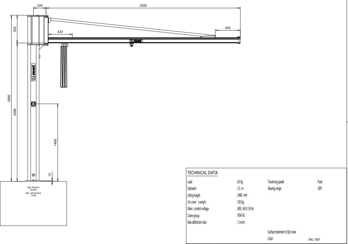 Pelarsvängkran Donati / Maxlast: 63 kg / 3,5 m armlängd - 2