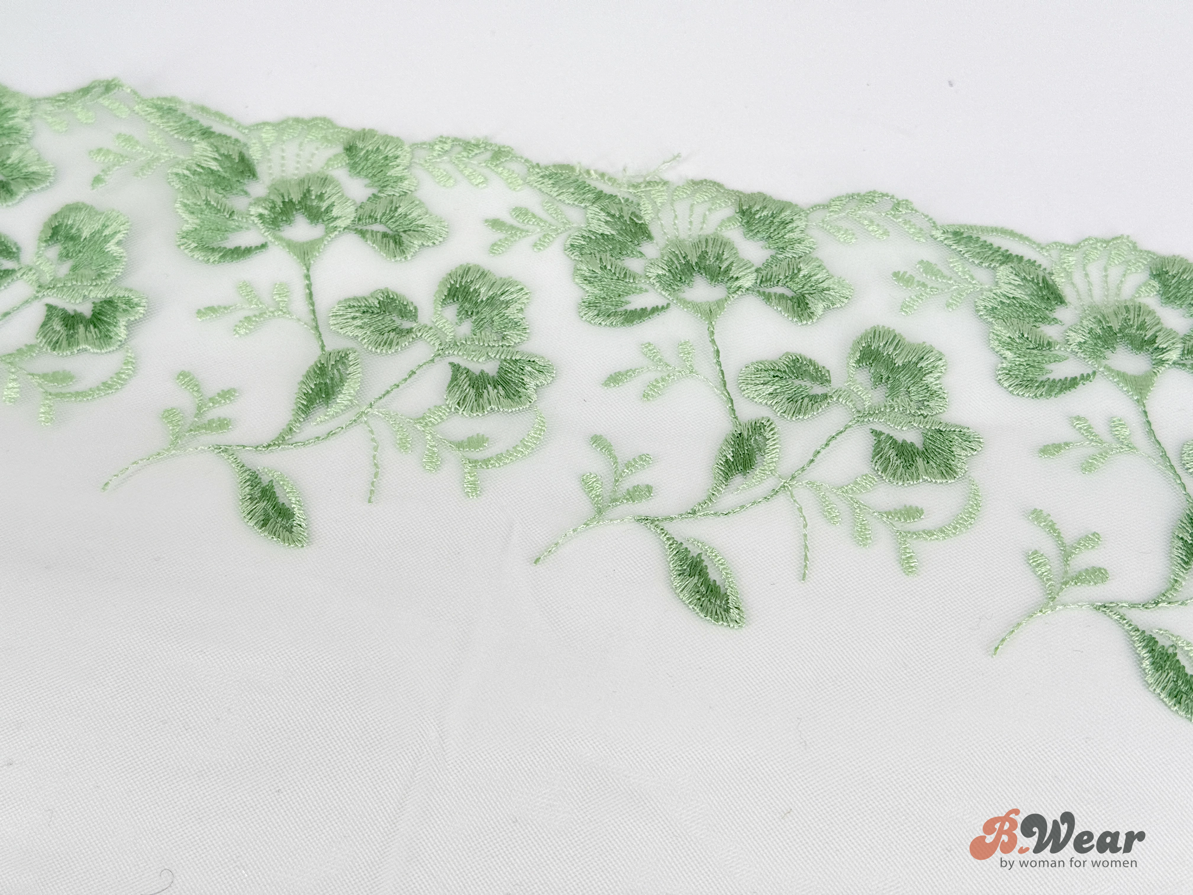 Non-stretch tulle lace in pale mint with mint green flowers - 19 cm - 2