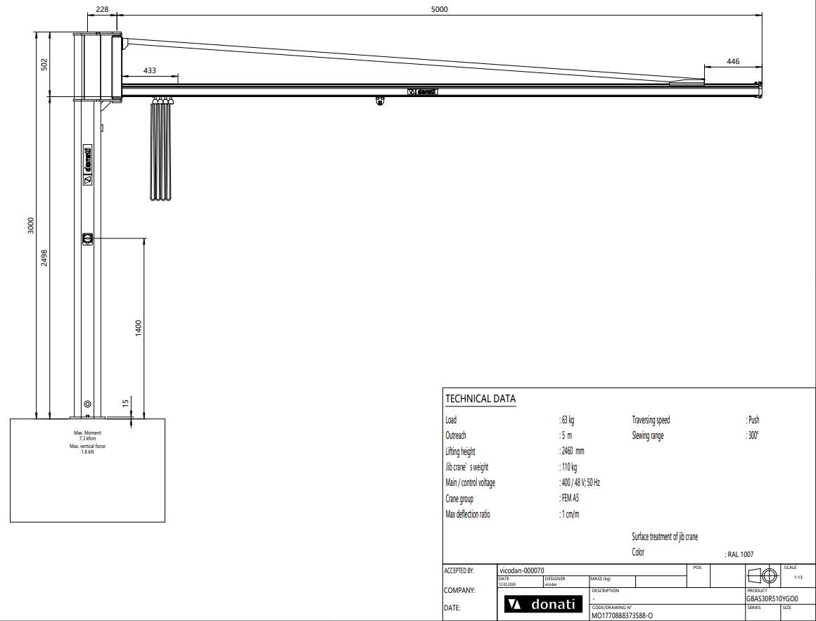 Pelarsvängkran Donati / Maxlast: 63 kg / 5 m armlängd - 2