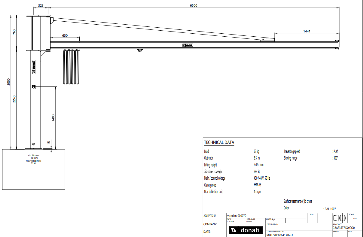 Pelarsvängkran Donati / Maxlast: 63 kg / 6,5 m armlängd - 2