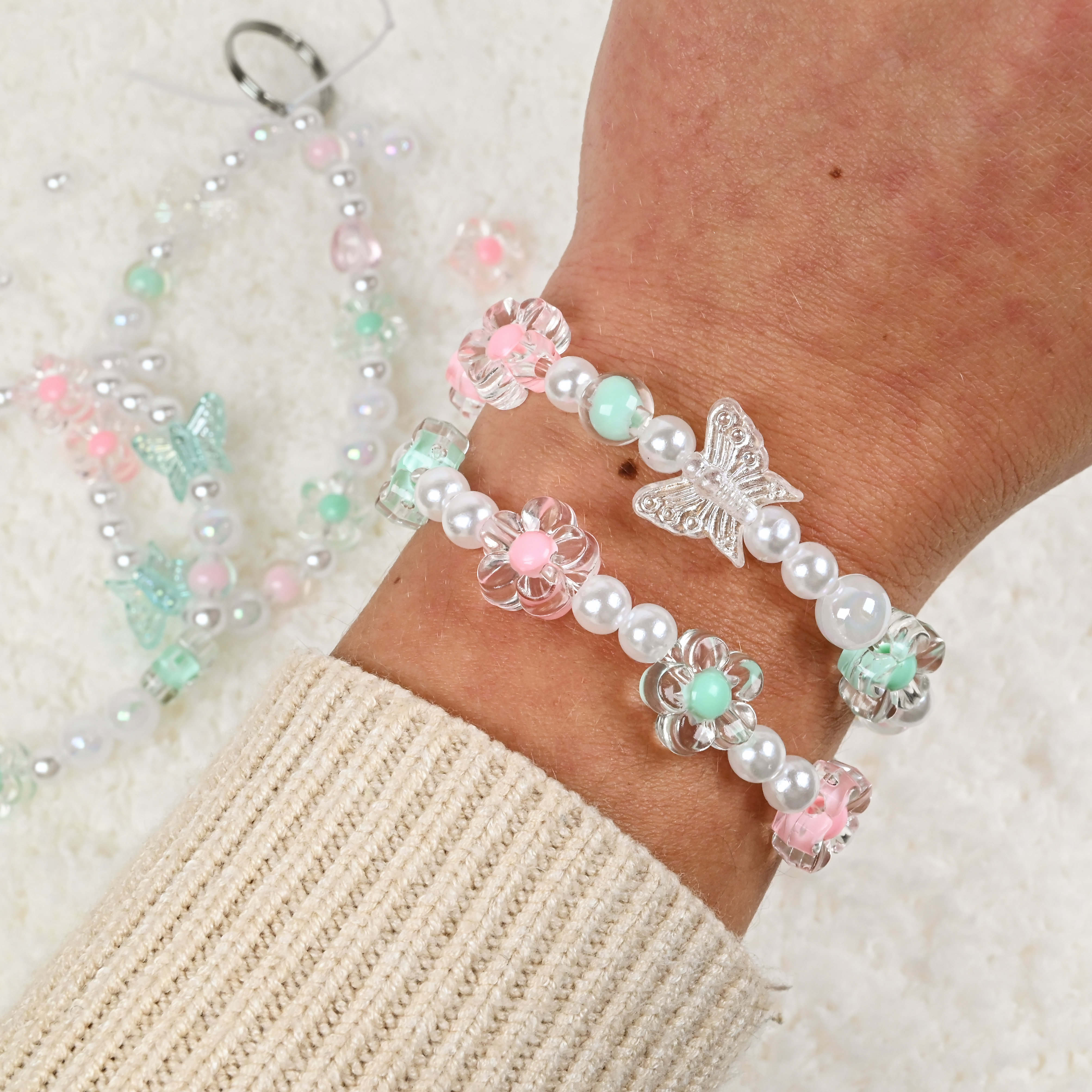 Pärlset Nyckelring & Armband Grön/Rosa - 3
