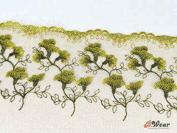 Non-stretch tulle lace in moss green with beautiful flowers - 19 cm