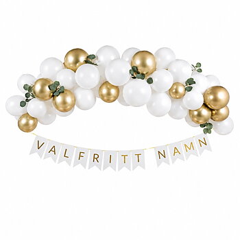 Doppaket vit och guld med ballongbåge och personlig namngirlang med valfritt namn