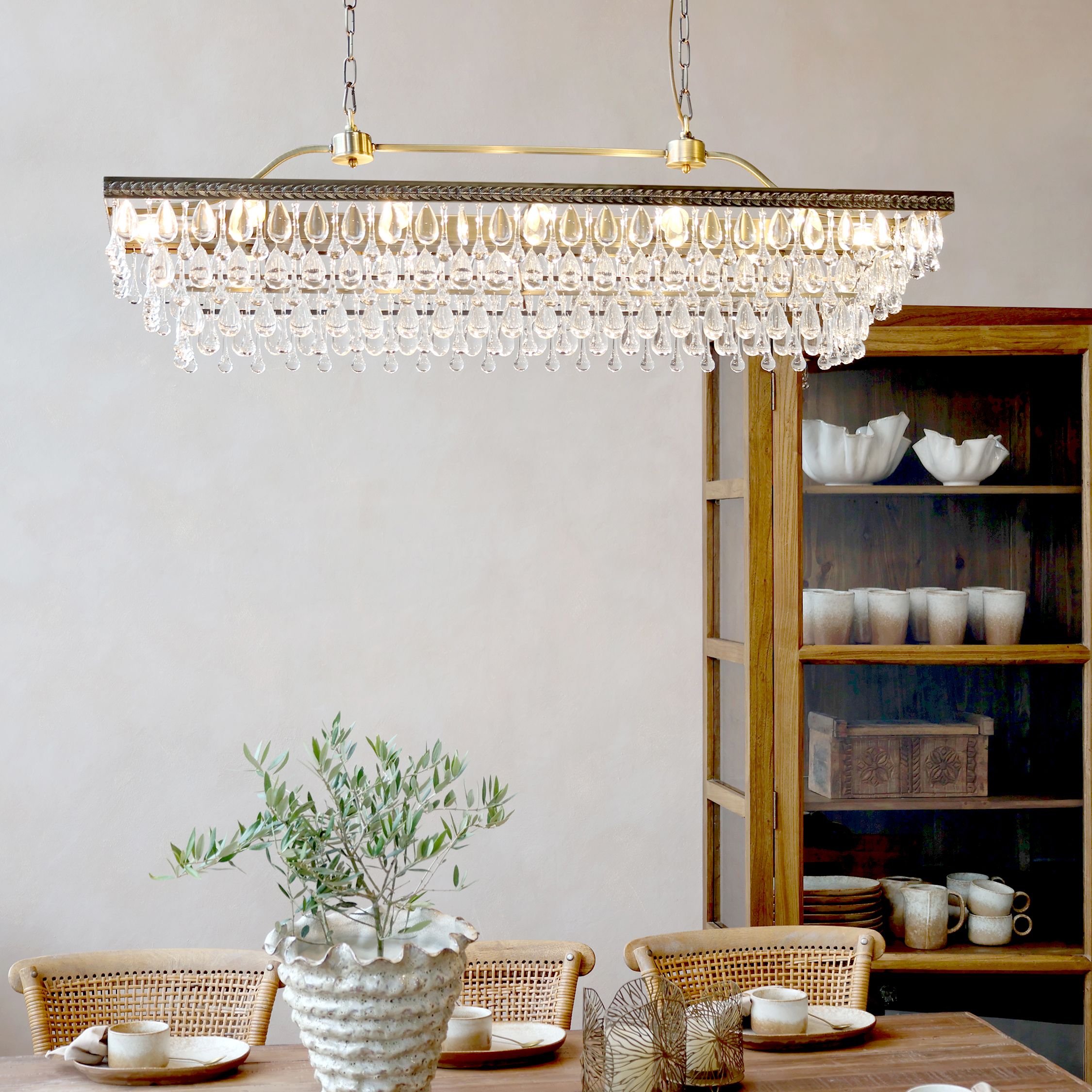 Versailles Chandelier - Drop shaped glass prisms - H40/L120/B40 cm - Antique Brass