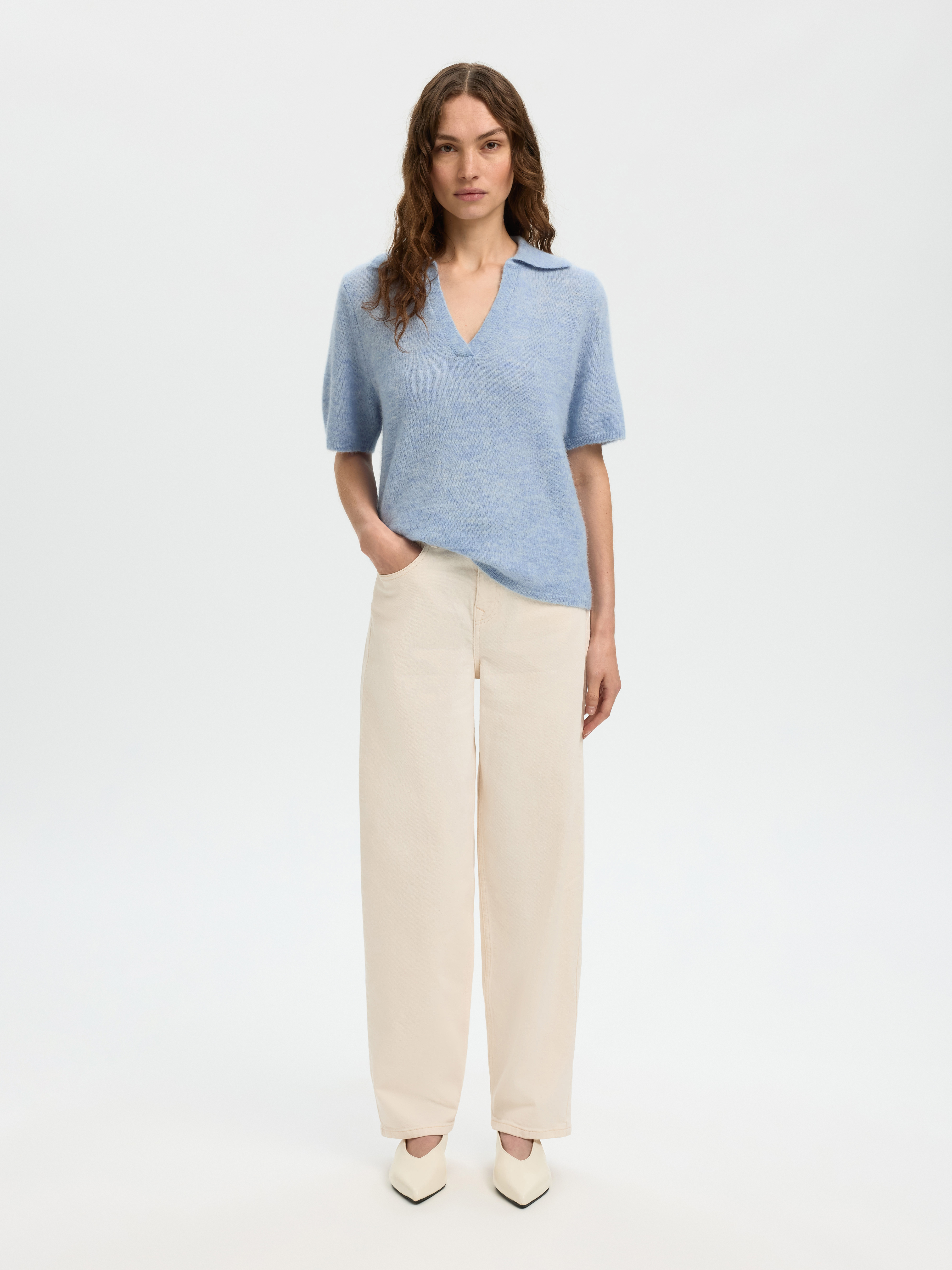 SLWLULU SS KNIT POLO NOOS Cashmere Blue MELANGE - 4
