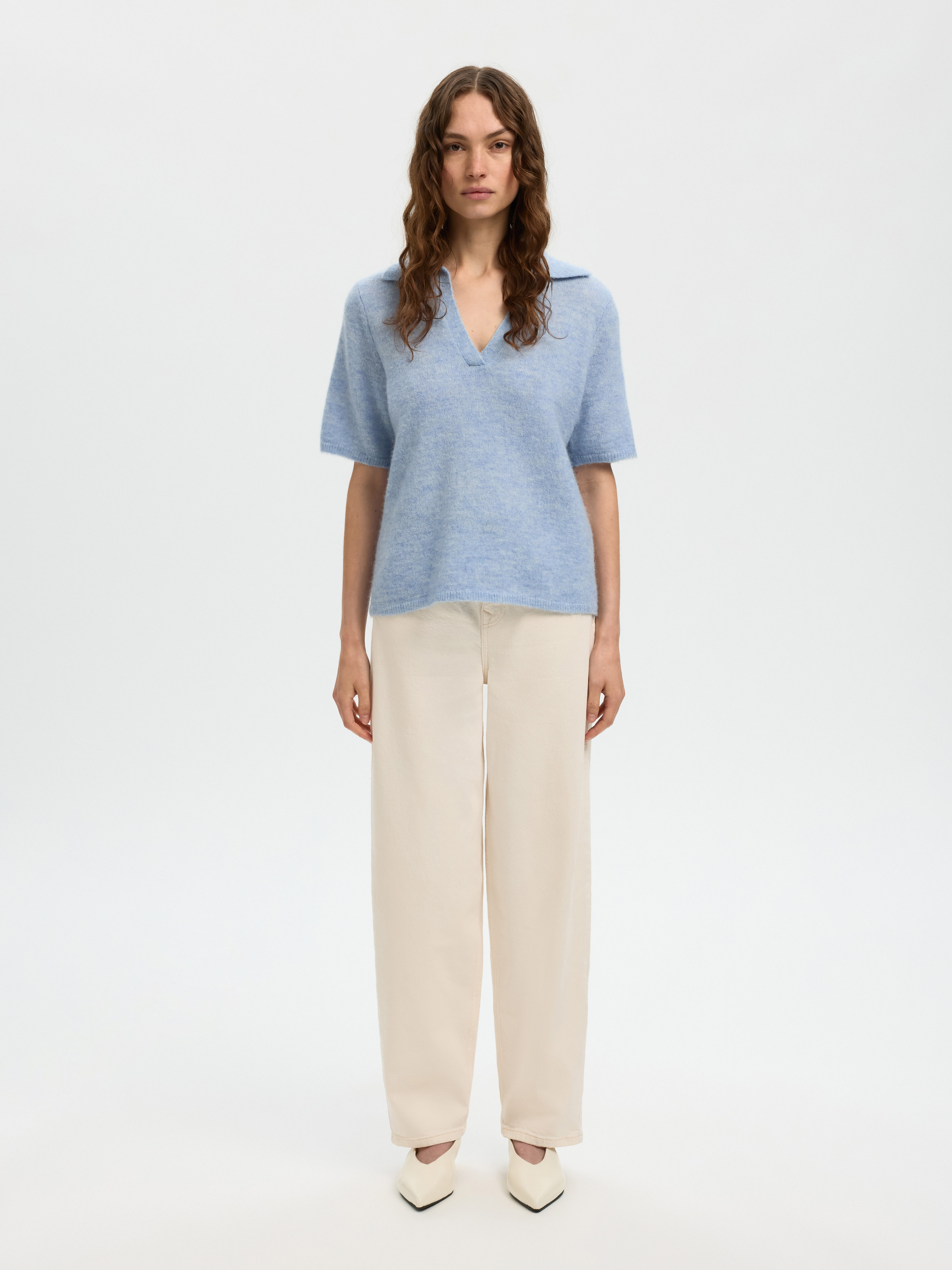 SLWLULU SS KNIT POLO NOOS Cashmere Blue MELANGE - 5