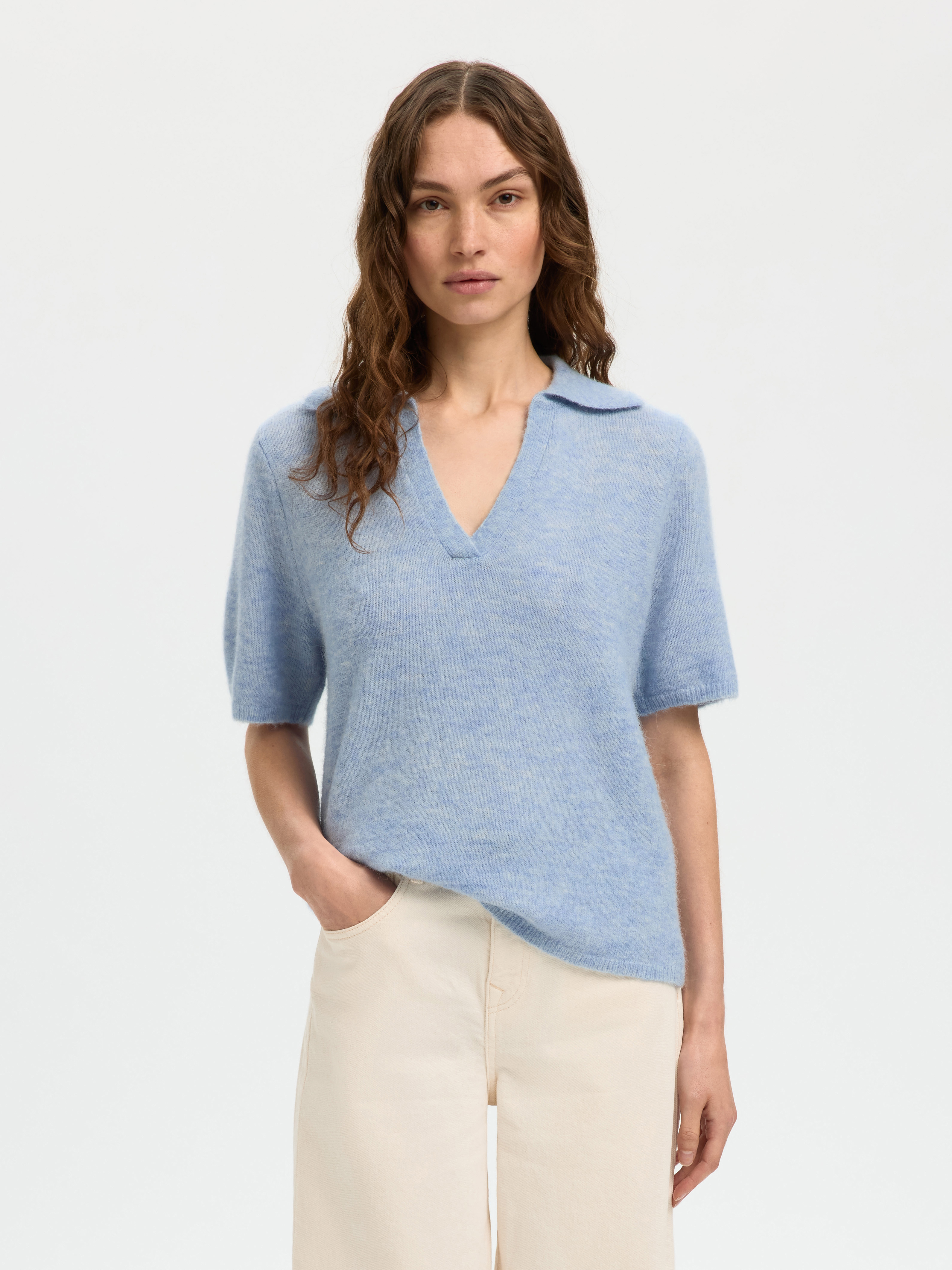 SLWLULU SS KNIT POLO NOOS Cashmere Blue MELANGE - 2