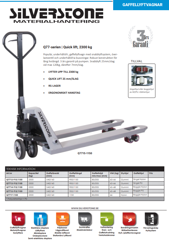 Pallyftare Quicklift Silverstone, Maxlast: 2300 kg / 915 mm, enkel PU-hjul - 2