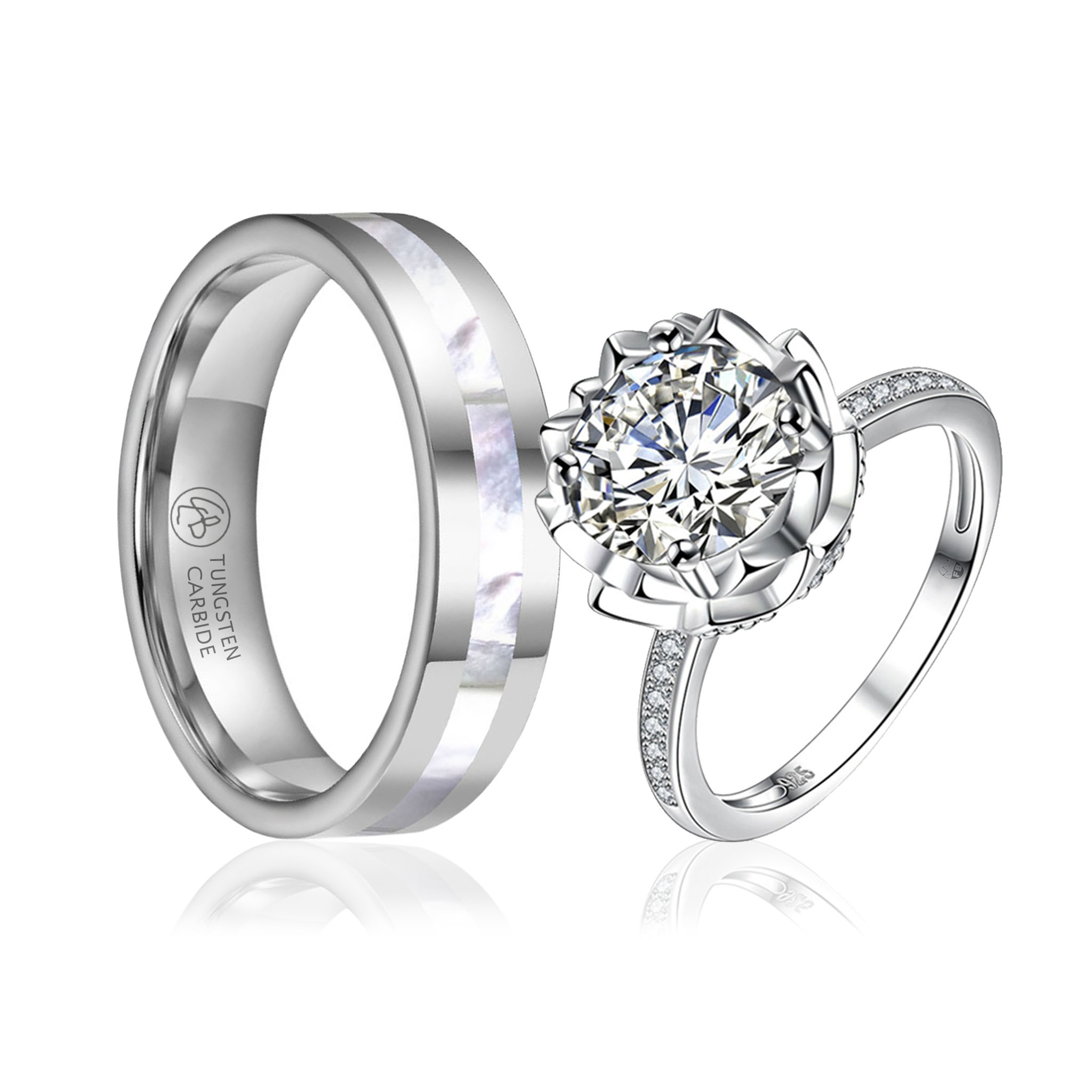Luxury couple ring set mother of pearl and large stone