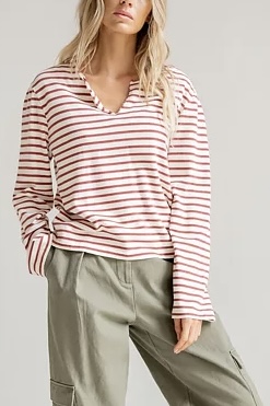 Penn & Ink NY - Longsleeve Stripe Ecru - Burgundy