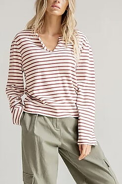 Penn & Ink NY - Longsleeve Stripe Ecru - Burgundy