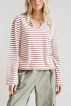Penn & Ink NY - Longsleeve Stripe Ecru - Burgundy