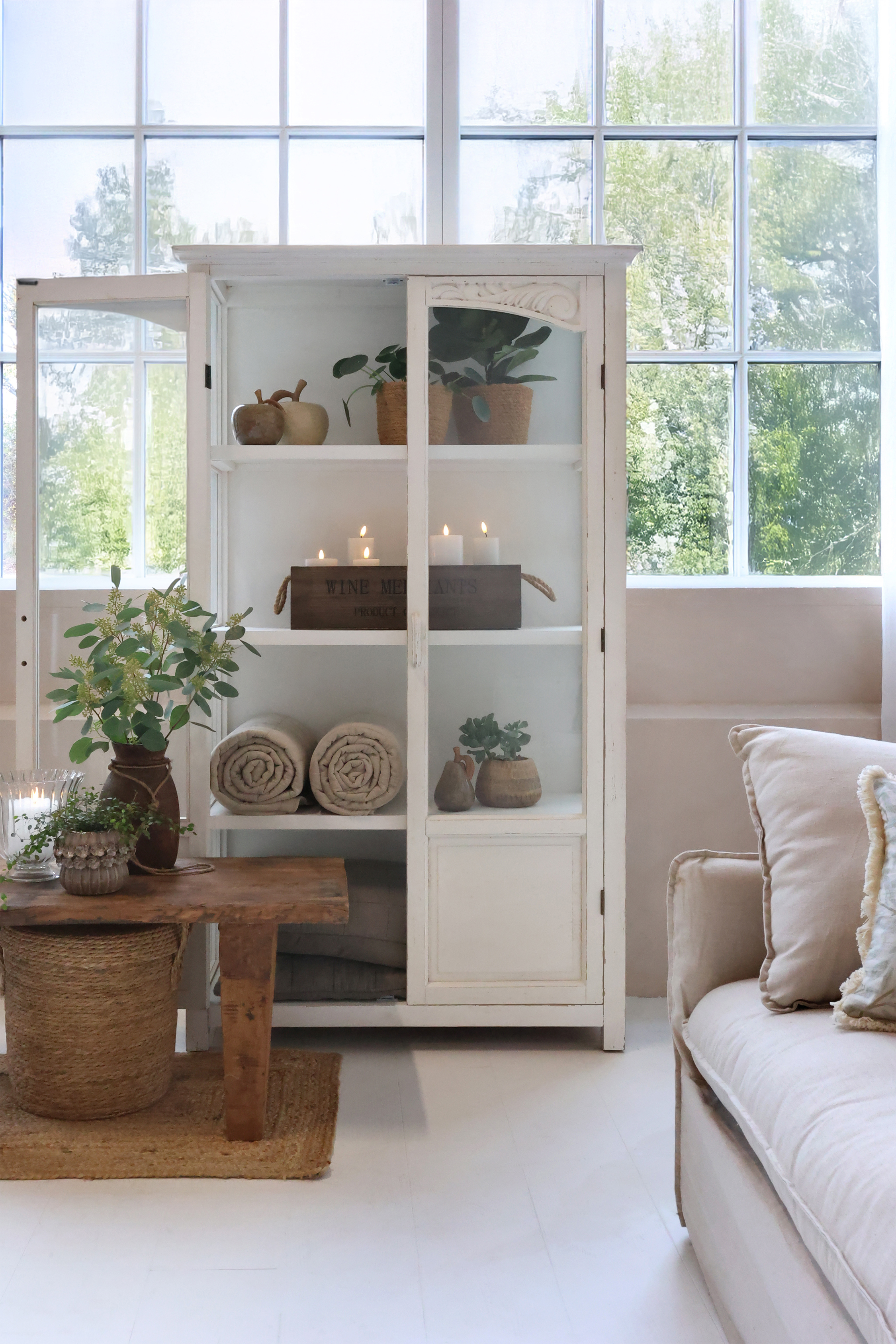Vitrinskåp med glasdörrar och hyllor - H170/L97/B41 cm - Antique Creme - 2