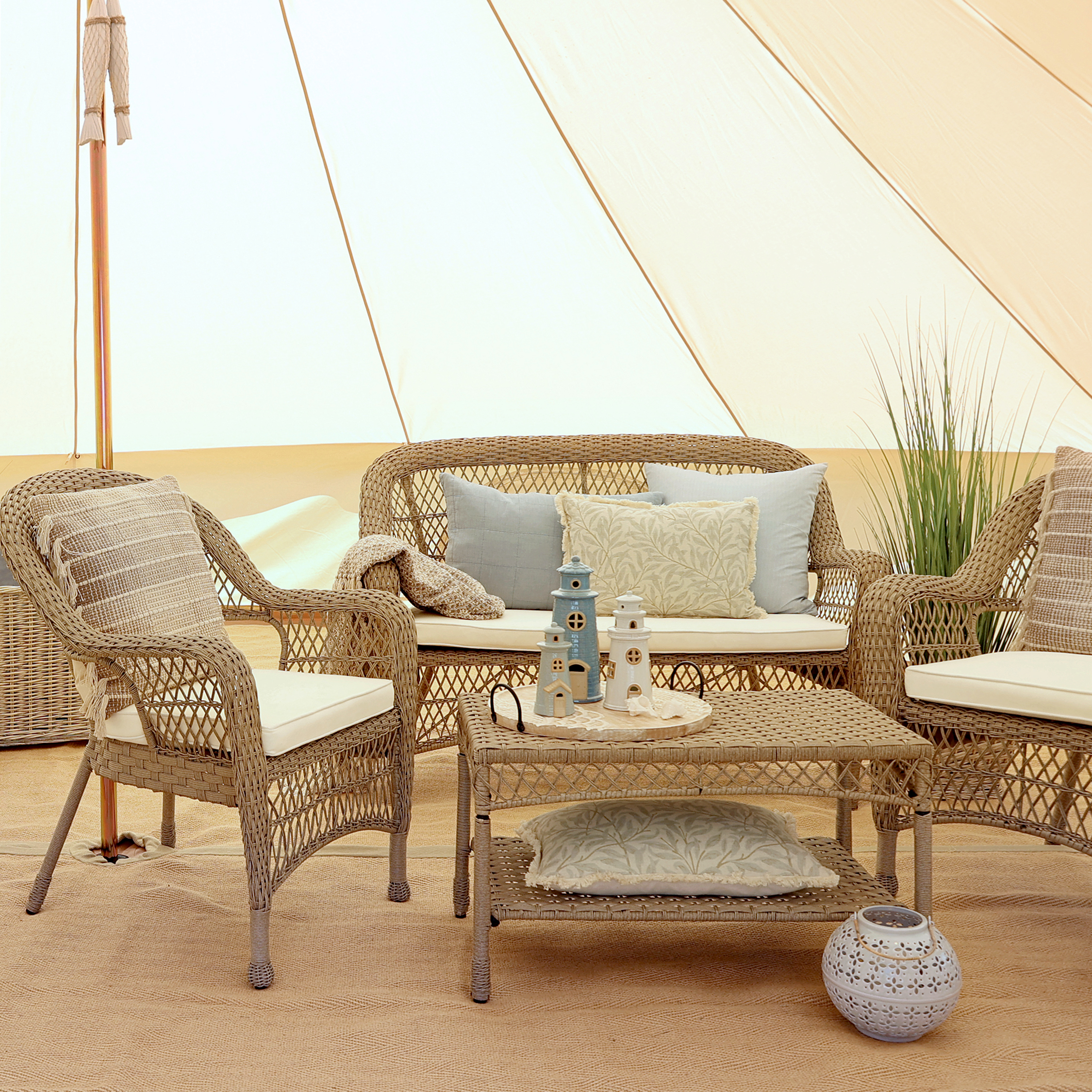 Rattan garden group - Table, Sofa, 2 Chairs with cushions - H86/L127/B71,5 cm - Natural