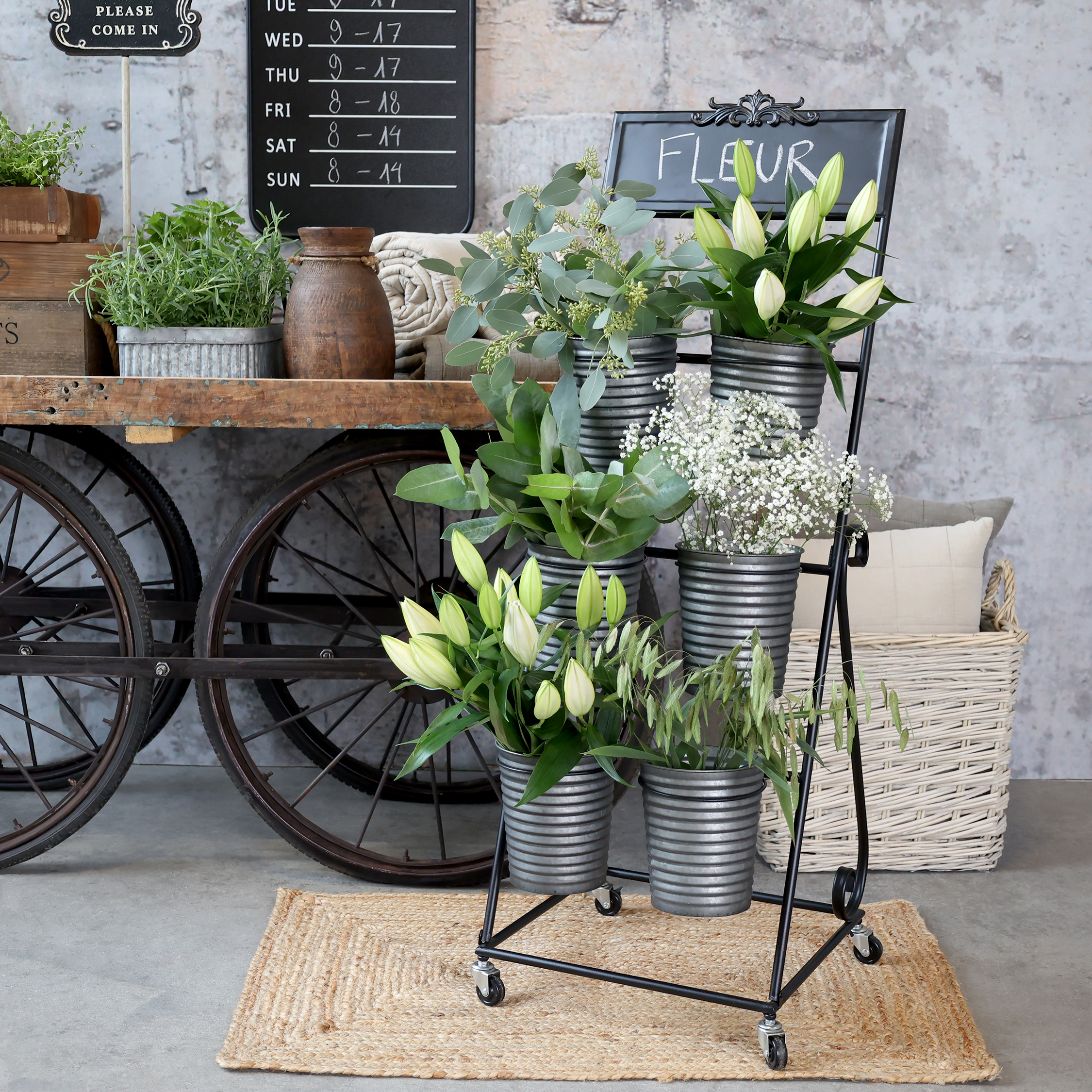 Flower shelf with 6 drawers - H114,5/L40/B39 cm - Antique Zinc