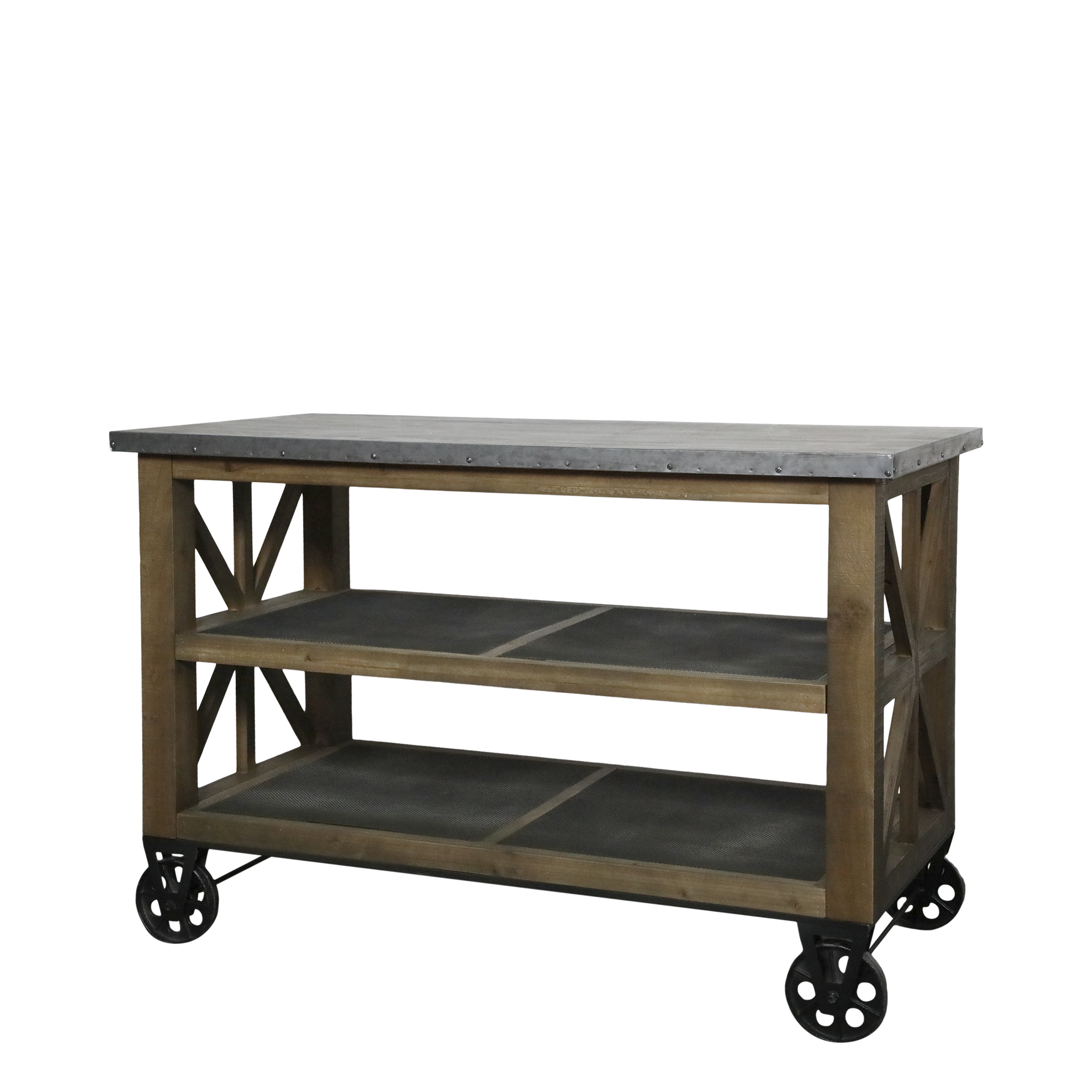 Köksö på hjul med zinkskiva och hyllor - H90/L120/B59,5 cm - Natur - 2