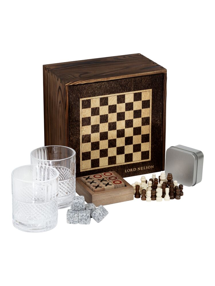 Spelset – Schack, Tre i Rad & Snurrande Glas