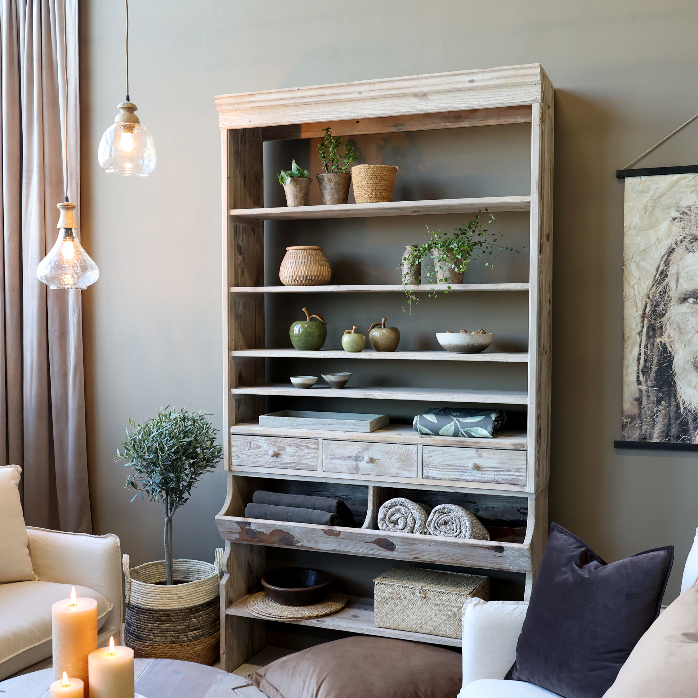 Bokhylla med hyllor och lådor - H222/L120/B37 cm - Natur