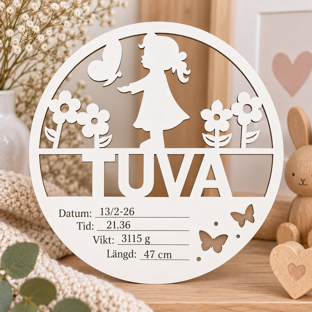 Personlig födelsetavla med namn – Flicka och Fjärilar | Vit träskylt - 2